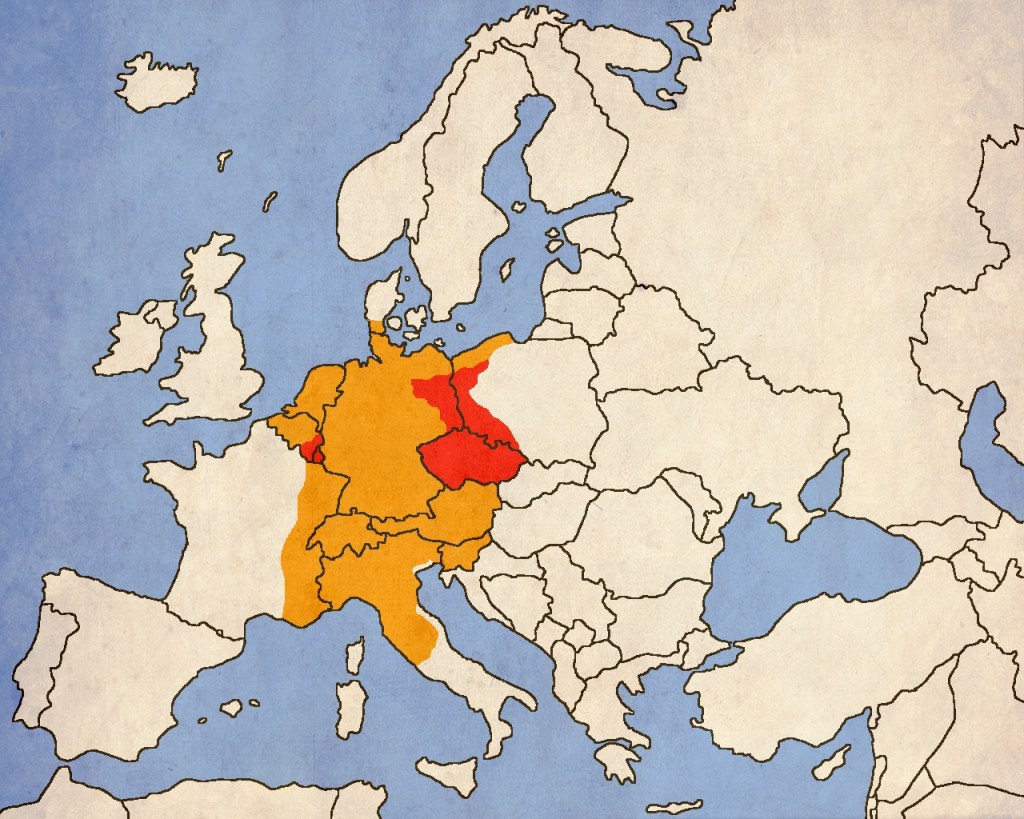 Преки владения на Карл в червено; Земи в неговата сфера на влияние и власт - оранжево;