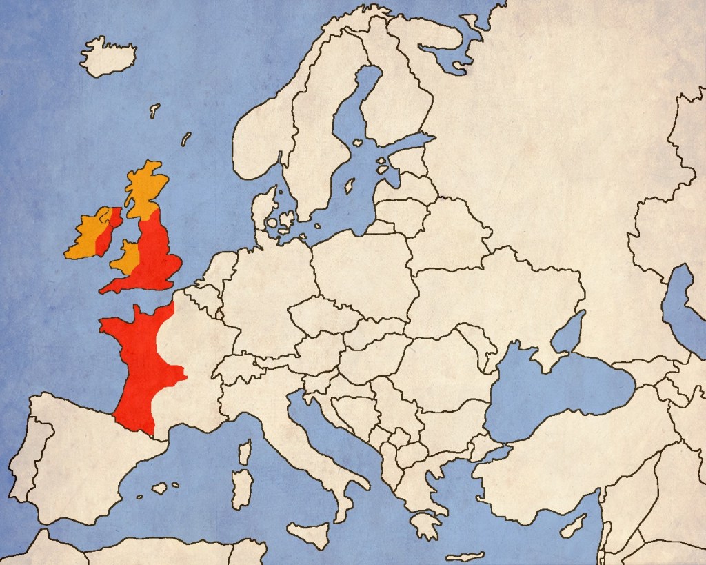 Владенията на Хенри II - Крал на Англия, херцог на Нормандия и Аквитания, граф на Анжу, Поатие и Мен. В оранжево - неговите васали - Ирландия, Уелс и Шотландия