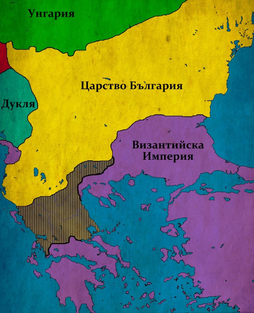Балканите след битката при Тесалоника; В защтриховано - земи, завладени от Самуил сред победата над византийците;