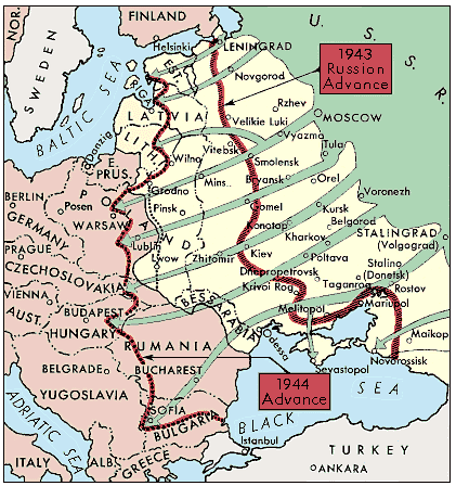 Източния фронт; В жълто - най-голямо напредване на германските войски