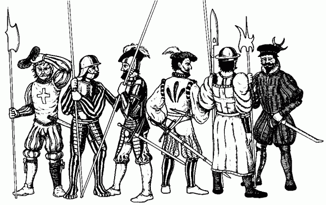 Въоръжението на швейцарците не било еднотипно. В различни сражения и периоди, те се появявали снаряжени по различен начин. От ляво на дясно: 1) Швейцарски копиеносец от битката при Павия, въоръжен с къс, немски меч тип „изкормвач на котки“. 2) Швейцарски копиеносец от битката при Мариняно. Шлемът му е характерен за по-старите периоди на швейцарската пехота. 3) Брониран копиеносец от Мариняно. Обърнете внимание на шлема му, комбиниран с барета, украсена с пера. 4) Швейцарец с униформа от 1572г., въоръжен с пика и дълъг меч. 5) Швейцарец, сержант от папската гвардия, въоръжен с глайв (вид алебарда) и облечен с дълга одежда, характерна за гвардейците през първата половина на XVI век. Под нея носи нагръдник. 5) Швейцарски гвардеец от френската дворцова гвардия, въоръжен с алебарда. Одеждите им били изключително колоритни, комбинирайки ивици и райета в синьо, бяло и червено.