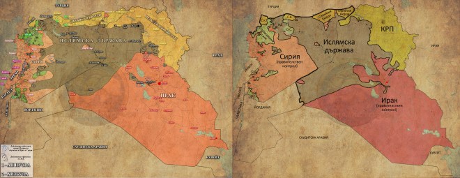 Сирия, Ирак и Ливан - Сега (в ляво) и преди 1 година (в дясно)